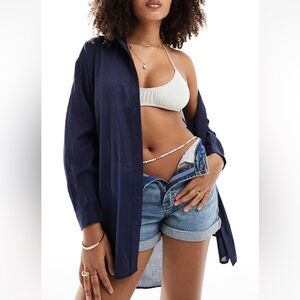 Stradivarius100%Cotton Navy Blue Oversized Long Sleeve Beach CoverUp Shirt Tunic